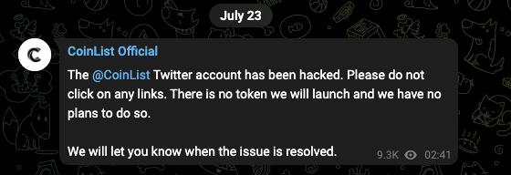 注意！CoinList推特被黑发假空投消息！勿点任何代币链接