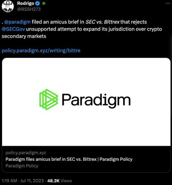 Paradigm声援倒闭交易所Bittrex：SEC不具加密货币监管权