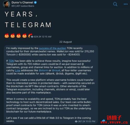 开发阶段已接近尾声！Telegram宣布「用户名拍卖市场」